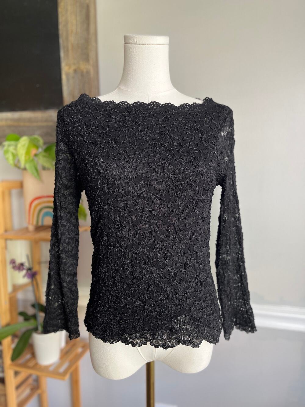 Vintage 90s Black Lace Blouse Gothic Fishnet Size Large